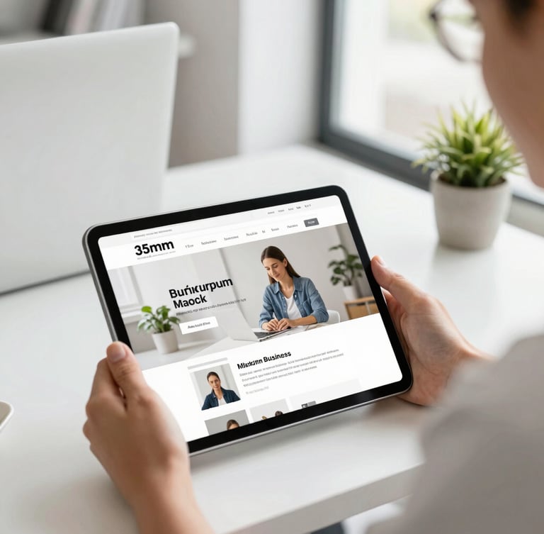 Bright editorial photography of a modern local business owner reviewing a clean website mockup on a tablet, crisp natural daylight, 35mm