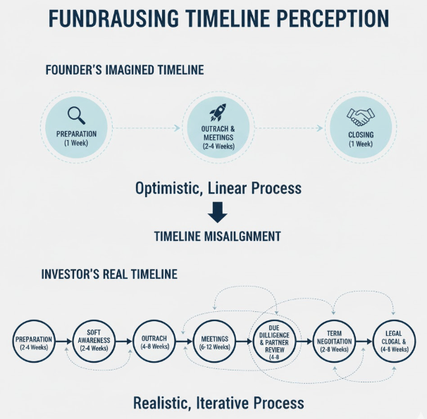 Comparison of founder vs. investor fundraising timelines showing differences in perception and proce