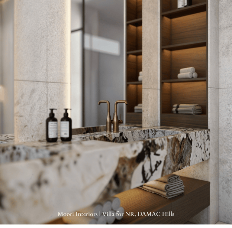 A modern bathroom vanity with a unique marble pattern and a large, well-lit mirror.