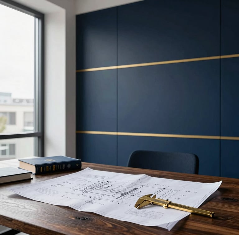 Architectural editorial photography of a modern engineering office, blueprints spread across a dark oak table, brass calipers and technical books, soft side lighting from a large window, deep navy tones, sharp focus.