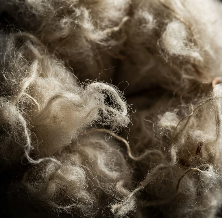 Extreme macro close-up of raw cotton fibers, high-contrast side-lighting emphasizing texture and depth, rich organic neutral tones.