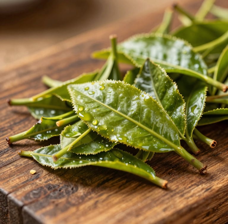 Close-up of raw Ceylon tea leaves being inspected under warm natural light on a rustic wooden surface, sharp focus on texture