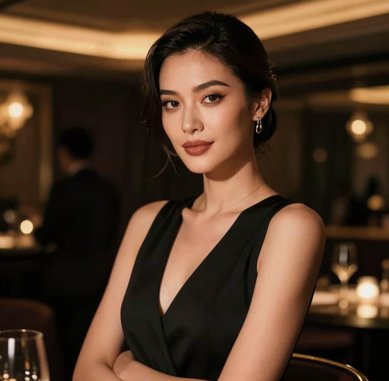 Cinematic portrait of a poised, elegant hostess in a low-light luxury Italian club, warm amber ambient glow, sophisticated and confident expression, high-contrast dark background