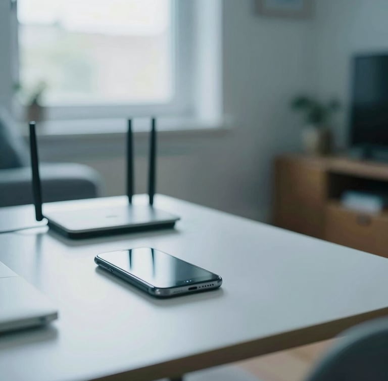 A modern UK living room with soft natural overcast daylight, a clean desk with a smartphone and a broadband router, shallow depth of field, 35mm