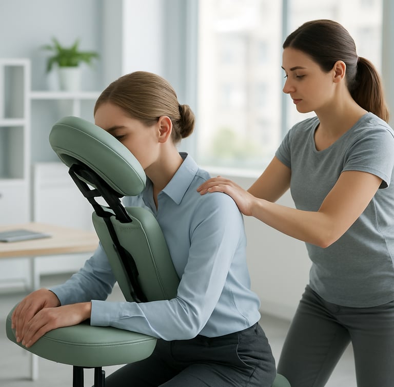 massage Amma Assis , une cliente est sur la chaise et l'on voit le praticien