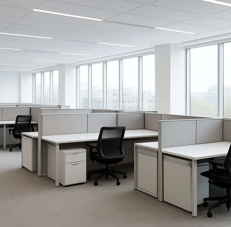 Wide-angle architectural photograph of a modern corporate office layout with modular workstations, bright natural window light, clean corporate minimalism, sharp focus, 35mm