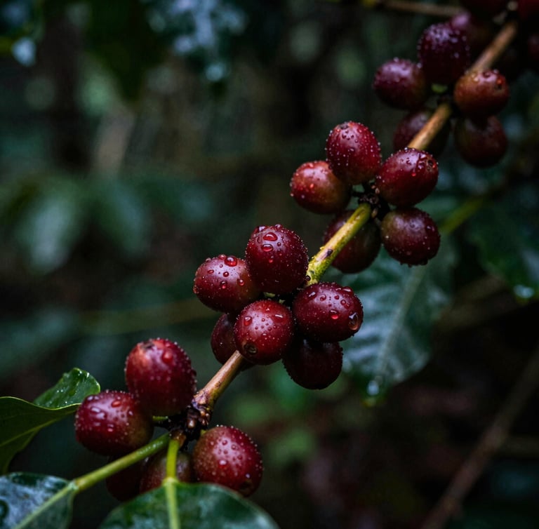 Macro shot of deep red coffee cherries glistening with dew on a mossy branch under a dark forest canopy, low-key lighting, rich green and espresso tones