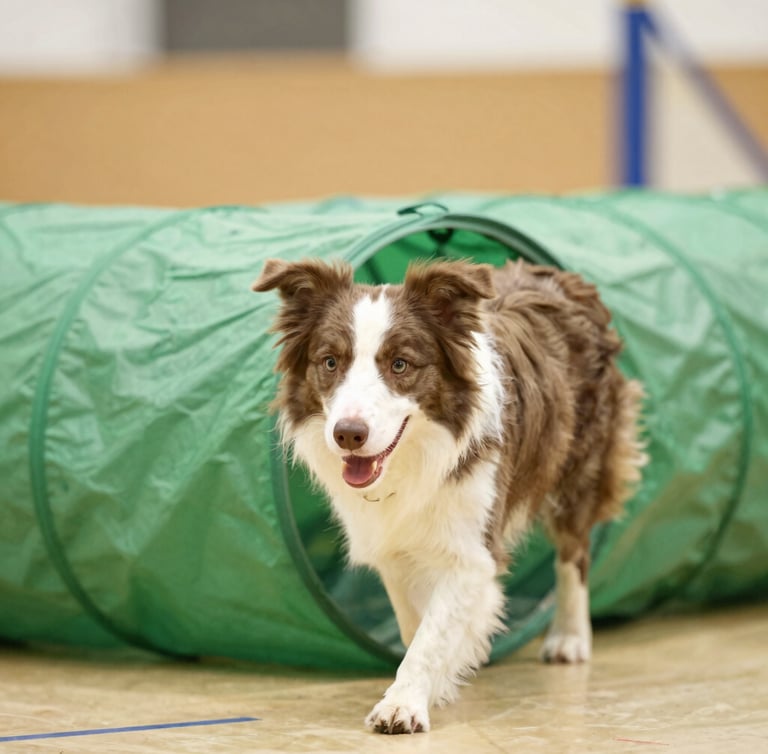 Close-up of a focused border collie navigating a bright green agility tunnel, natural indoor lighting, shallow depth of field, action shot