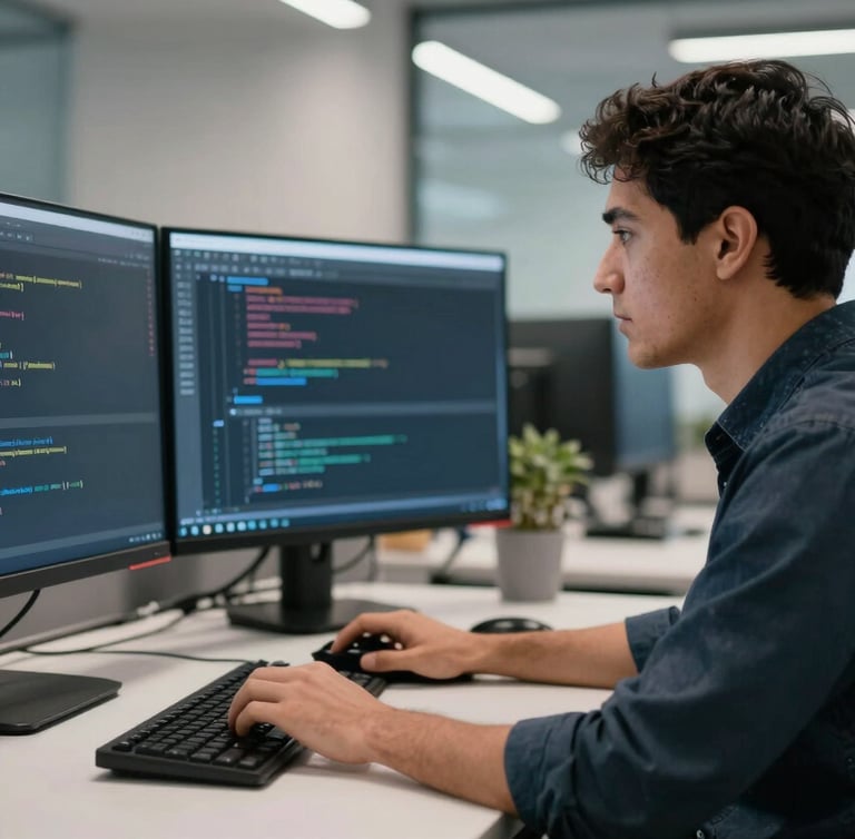 A professional software developer working in a modern Latin American / Spanish office, focused on high-resolution screens displaying clean code, with soft white and steel blue ambient lighting in a professional environment.