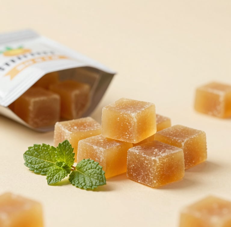 Close-up macro shot of translucent jaggery candy cubes with modern packaging, beside a block of raw golden jaggery and fresh mint leaves, soft studio lighting, warm cream and golden tones, clean geometric composition, macro depth of field.