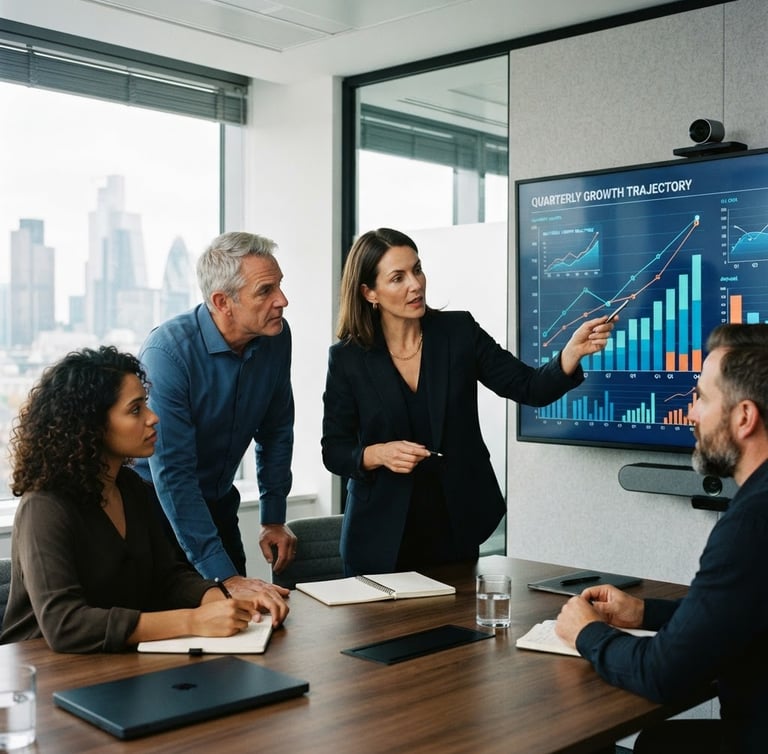Modern bright meeting room, professional advisors analyzing corporate growth charts on a screen, clean daylight, tech blue accents, 35mm photography