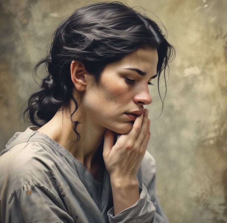 A thoughtful woman with dark hair tied back in a messy bun, looking down in a classic portrait style.