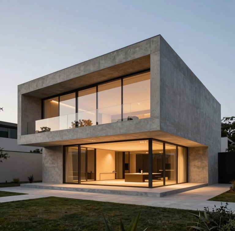 Wide-angle architectural photography of a minimalist luxury concrete and glass villa at dusk, warm interior lights glowing, sharp geometric lines, 35mm