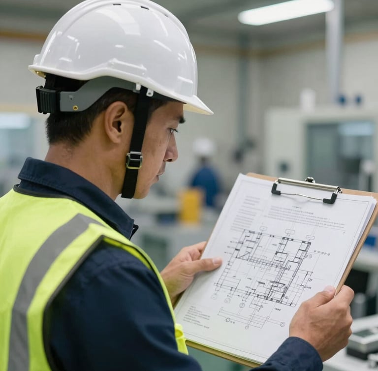 Close-up of a professional thermal engineer in a hard hat and safety vest examining blueprint schematics on a clipboard in a clean industrial plant