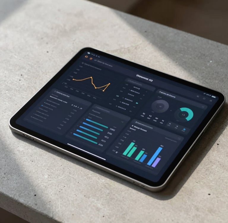 Close-up of a high-end tablet screen showing a clean, dark-themed software interface with data charts and employee metrics, resting on a minimalist concrete desk under natural side light