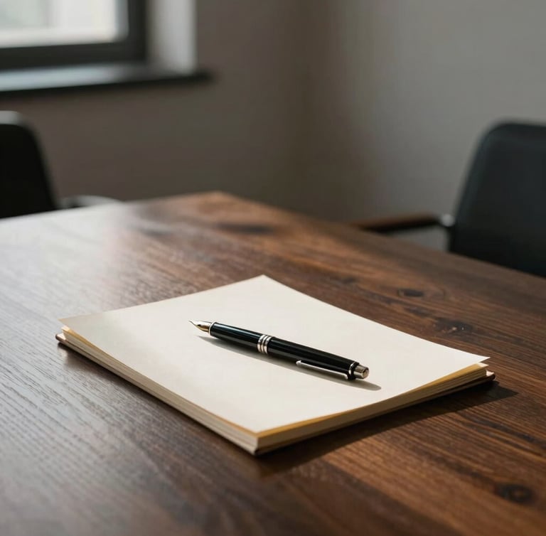 A minimalist, sunlit boardroom corner with a heavy dark oak table, a single fountain pen resting on cream paper stock, diffused architectural light.