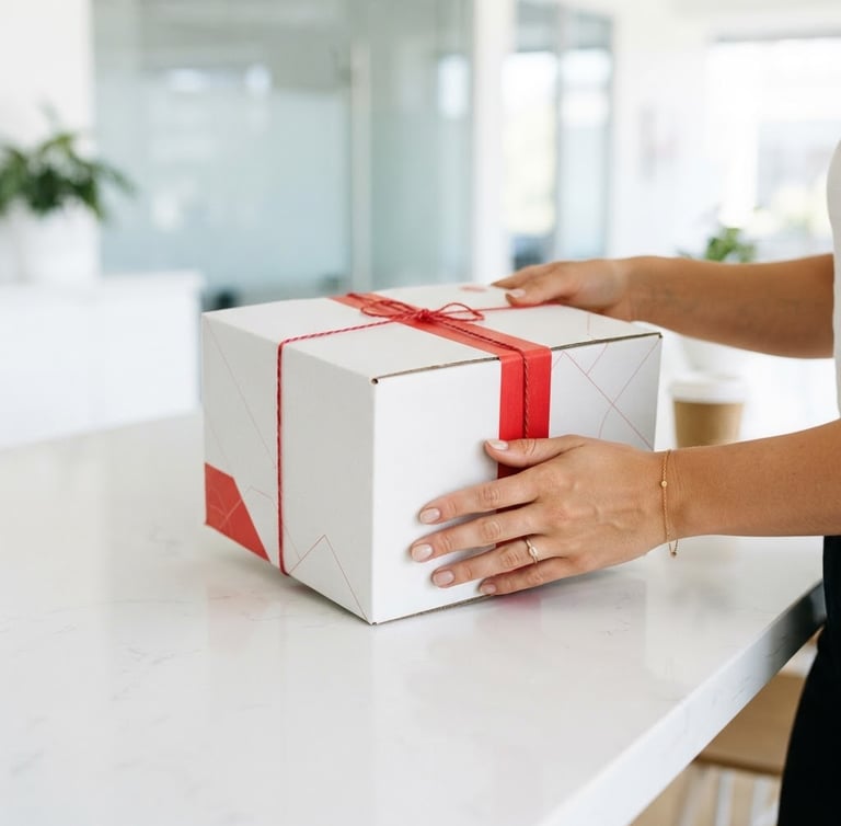 bright high-key commercial photography, crisp daylight, close-up of hands handling a clean branded parcel on a counter, vibrant red accents, 35mm