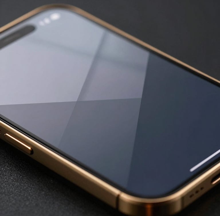 Extreme close-up of a premium mobile interface displaying a sleek digital business card with gold accents, crisp architectural shadows, studio lighting.