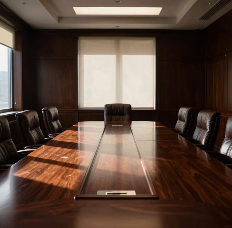Symmetrical architectural shot of a formal corporate boardroom with a long polished mahogany table, deep brown leather chairs, and dramatic low-key window light casting structured shadows.