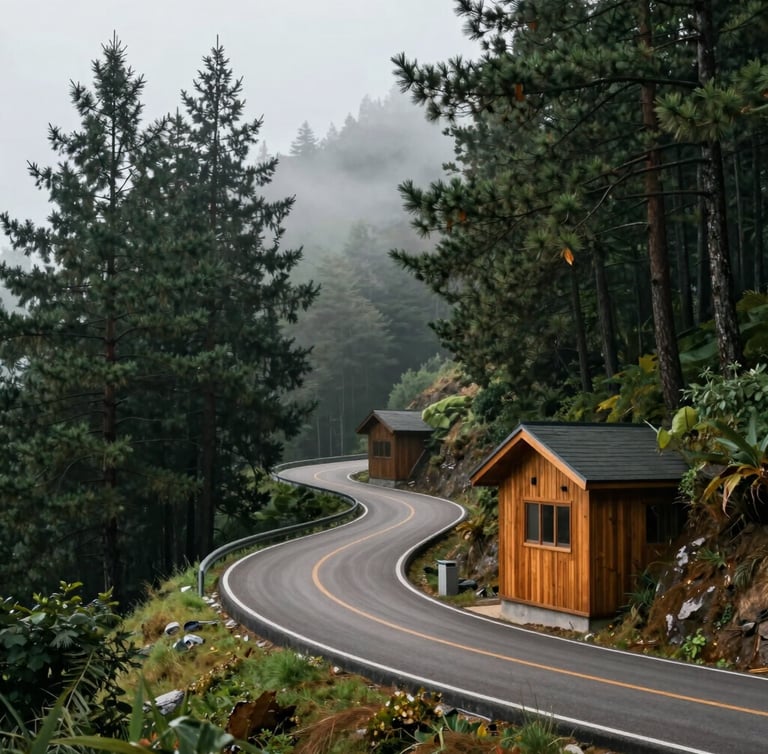 Winding mountain road through misty pine forest in Walim, soft overcast daylight, cinematic atmosphere