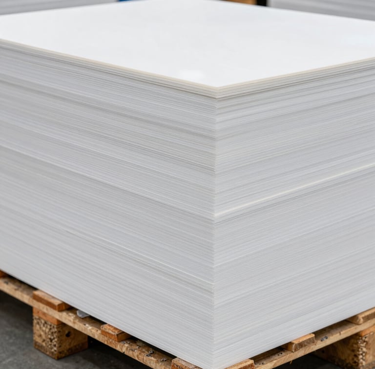 Close-up of neatly stacked, heavy-duty opaque PP sheets on wooden pallets inside a clean, well-organized warehouse, bright industrial lighting, sharp detail on sheet edges.