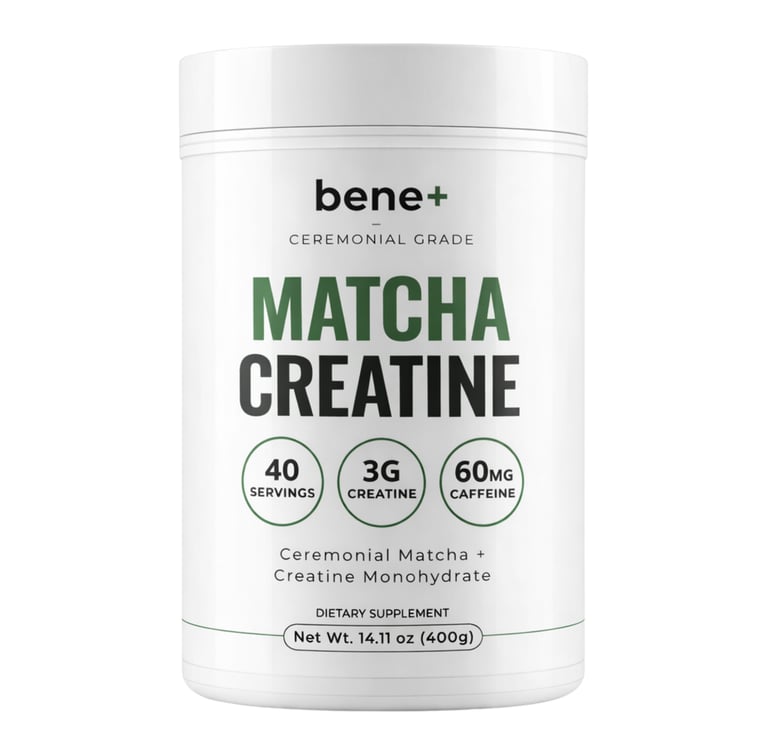 bene+ Matcha Creatine tub, ceremonial grade, 3g creatine, 40 servings