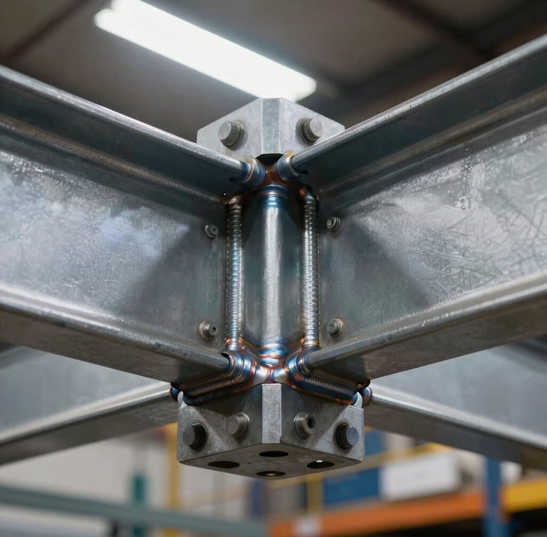A crisp close-up of a massive structural steel connection with high-precision bolt patterns and perfect weld profiles, dramatic overhead shop lighting