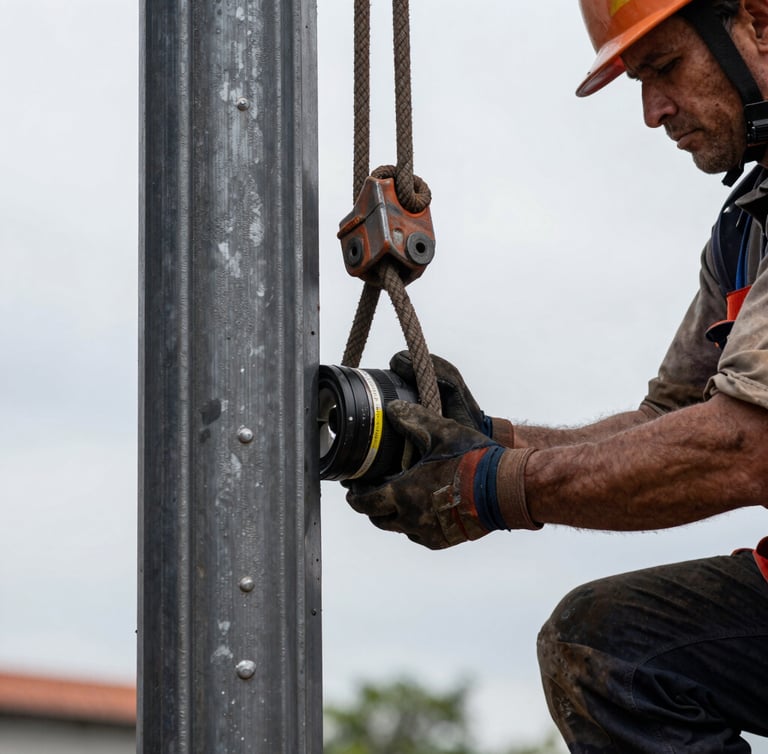 A close-up high-contrast shot of a heavy steel column being guided into place by a union ironworker, heavy rigging cables tight, overcast sky background