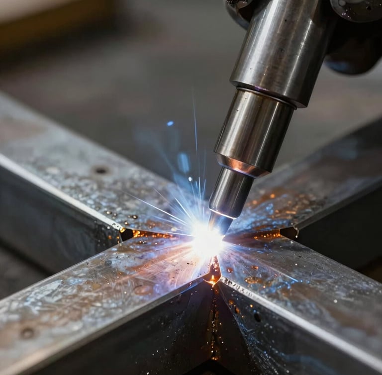 Extreme macro shot of a flawless, continuous TIG weld on raw structural steel, high-contrast shop lighting highlighting the metallic texture