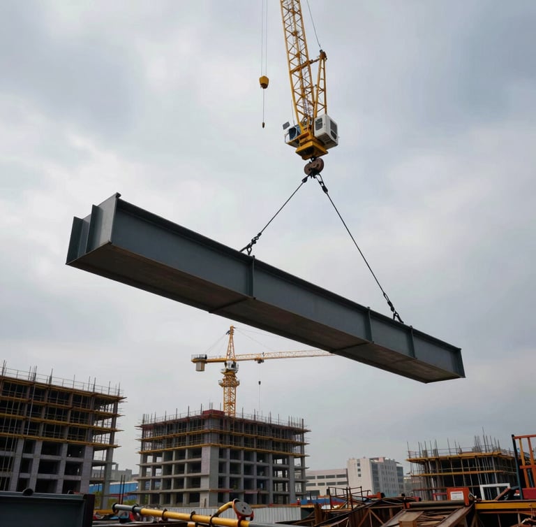 Tight-radius crane pick of heavy structural steel girder in a dense urban construction site, overcast sky, dramatic high-contrast lighting.