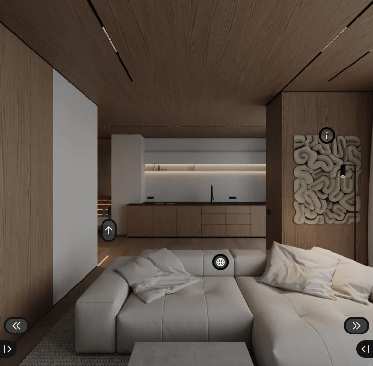 360 virtual tour of a modern interior rendering with dynamic features, by Visualise, 3D architectural rendering services.