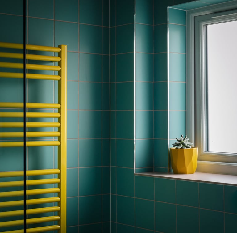 Turquoise blue and yellow shower room for an early morning boost