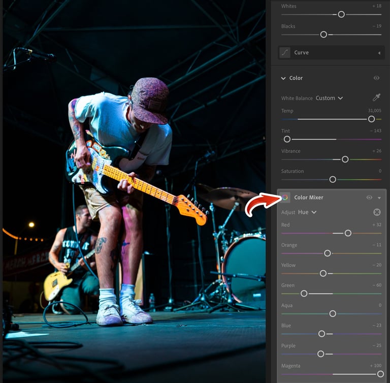 Adjusting the Color mixer/ HSL in Lightroom.