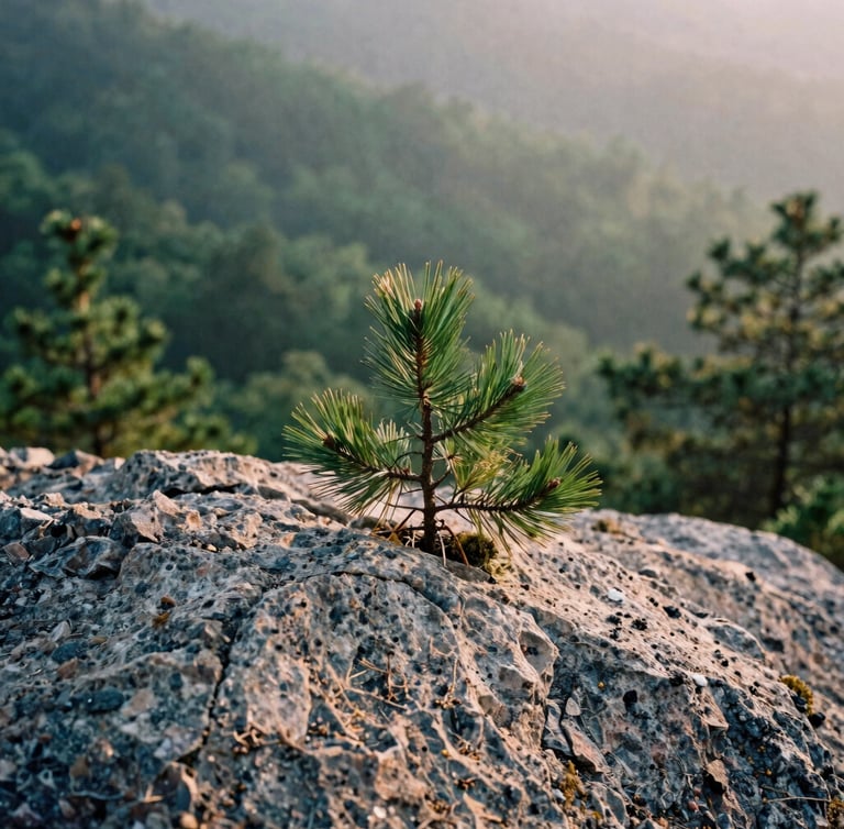 Macro texture shot of native pine needles and rough granite rock in soft misty morning light, rich forest green and warm gray tones, 35mm film texture, portrait orientation.