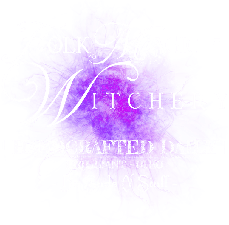 a purple and white text that says 'folk magic and witchcraft supplies handcrafted daily'