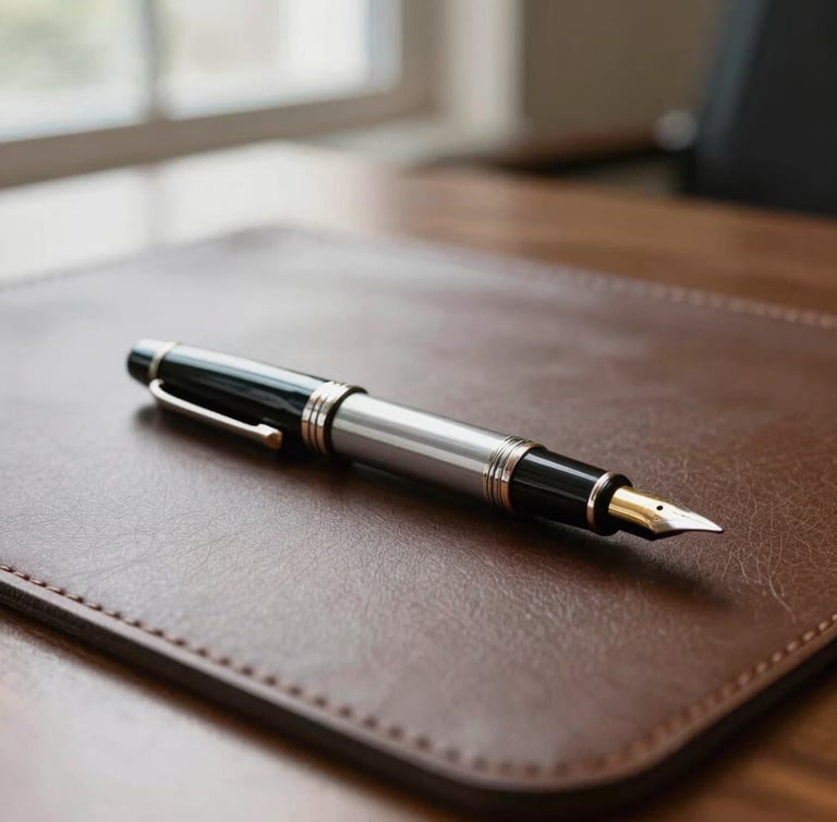 Macro close-up of a high-end physical legal desk, a fountain pen resting on a leather desk mat, soft natural window light from the side, clean and professional atmosphere.