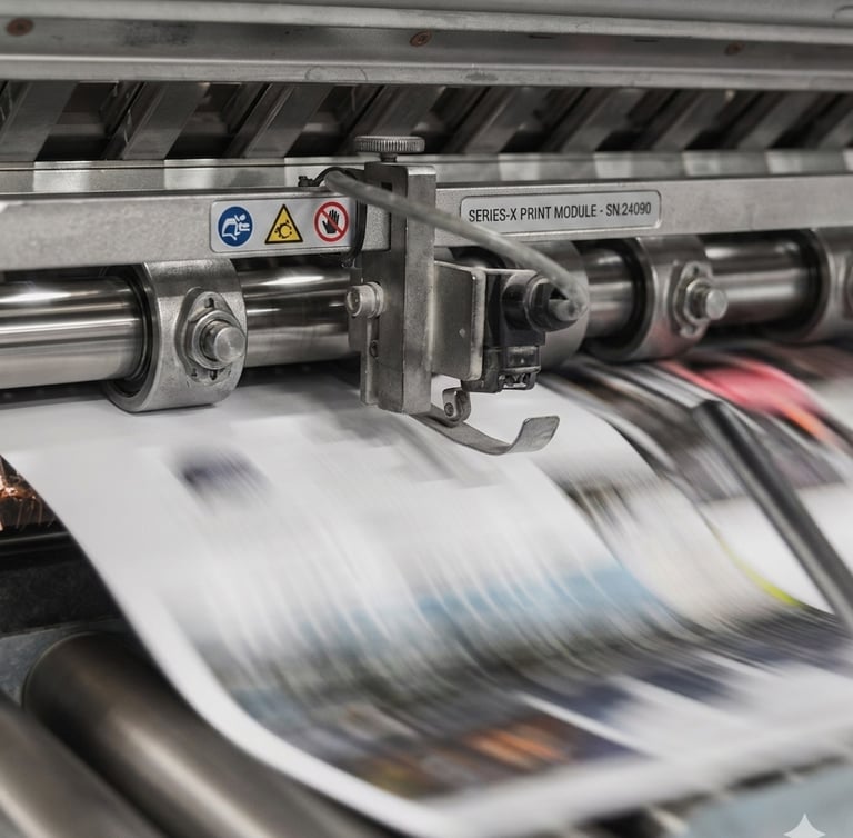 Industrial offset printing press machine processing high-speed full-color magazines.