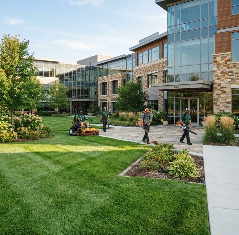 Wide shot of a modern commercial property exterior, freshly manicured lawn with crisp edges, crew members in clean uniforms operating professional equipment in the background, bright morning sunlight, rich natural greens and warm earth tones, sharp focus, 35mm