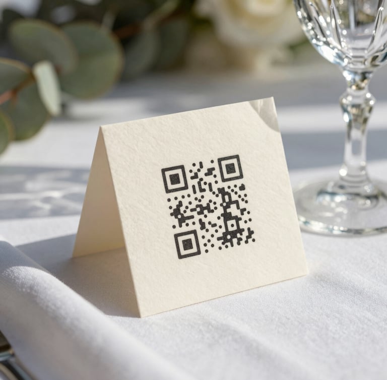 A close-up photograph of an elegant, textured ivory paper place card with a clean, minimalist QR code. The card is styled on a beautifully set wedding table next to a crystal wine glass, clean white linen napkin, and soft eucalyptus leaves. Soft natural afternoon sunlight, shallow depth of field, focusing on the card texture.