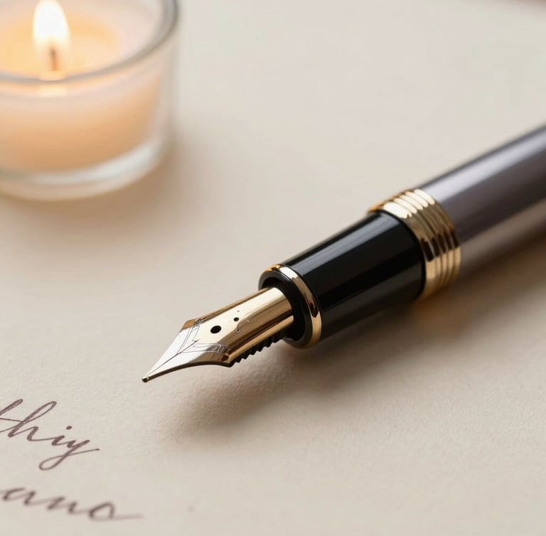 Macro shot of a classic fountain pen resting on heavy, textured cream paper with elegant handwritten script, warm directional candlelight.