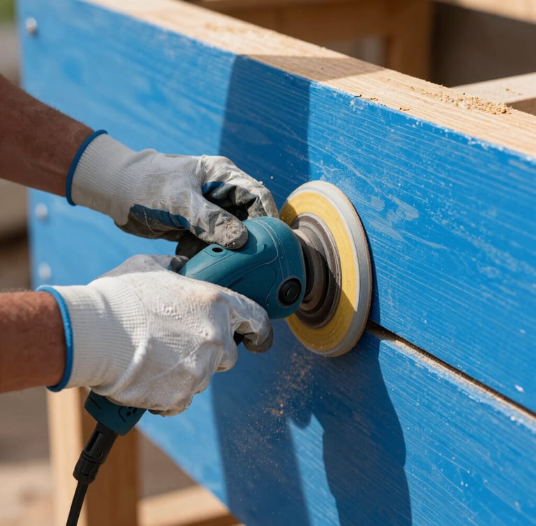 Close-up of hands wearing work gloves using a hand-sander on a bright blue painted wooden sign, wood dust flying in warm workshop sunlight.