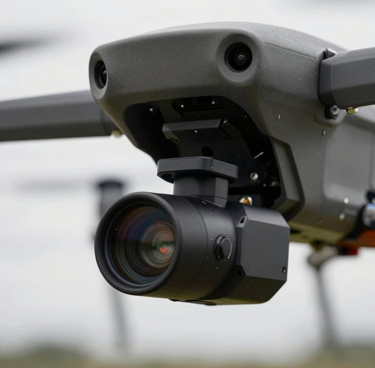 Extreme close-up of a rugged industrial drone gimbal carrying a high-resolution thermal sensor and optical payload, sharp metal edges, overcast daylight, high contrast.