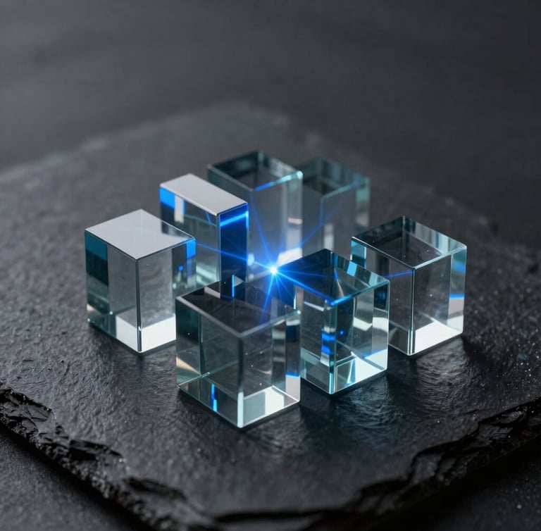 Orthographic 3D render of abstract interlocking glass blocks, sharp blue laser light highlights, dark slate background, depth of field