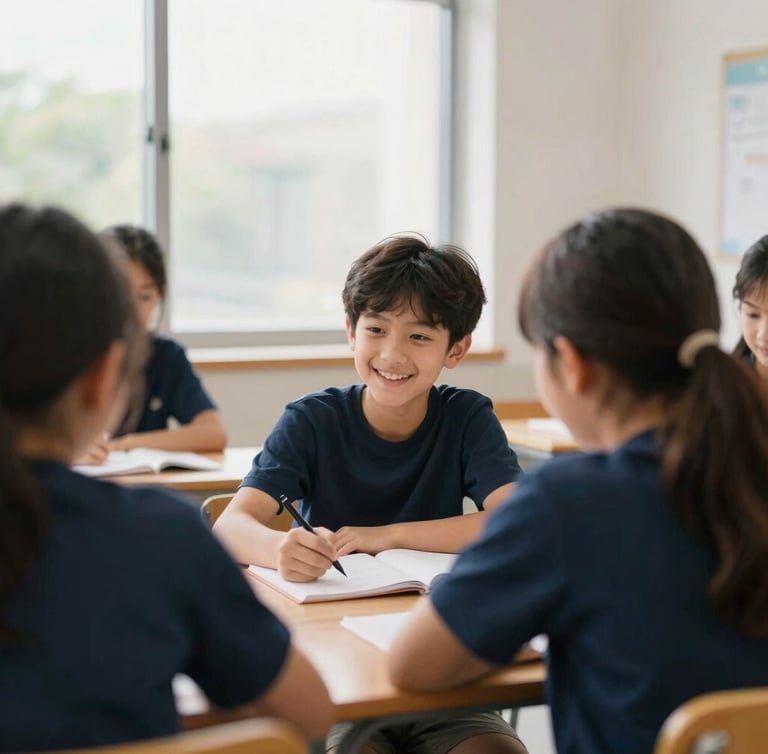 Bright editorial photography of a modern classroom with natural window daylight, a young student smiling while collaborating with classmates, warm navy and mustard tones, shallow depth of field, 35mm