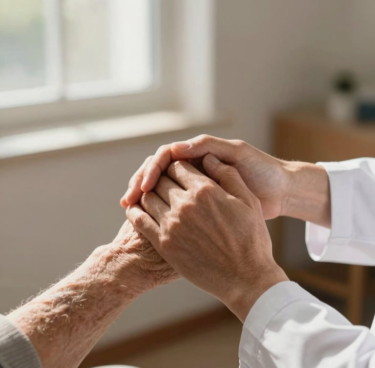 Close-up of hands of a doctor holding an older patient's hand with deep respect, warm sunlit clinical setting, soft natural window light, shallow depth of field, 35mm