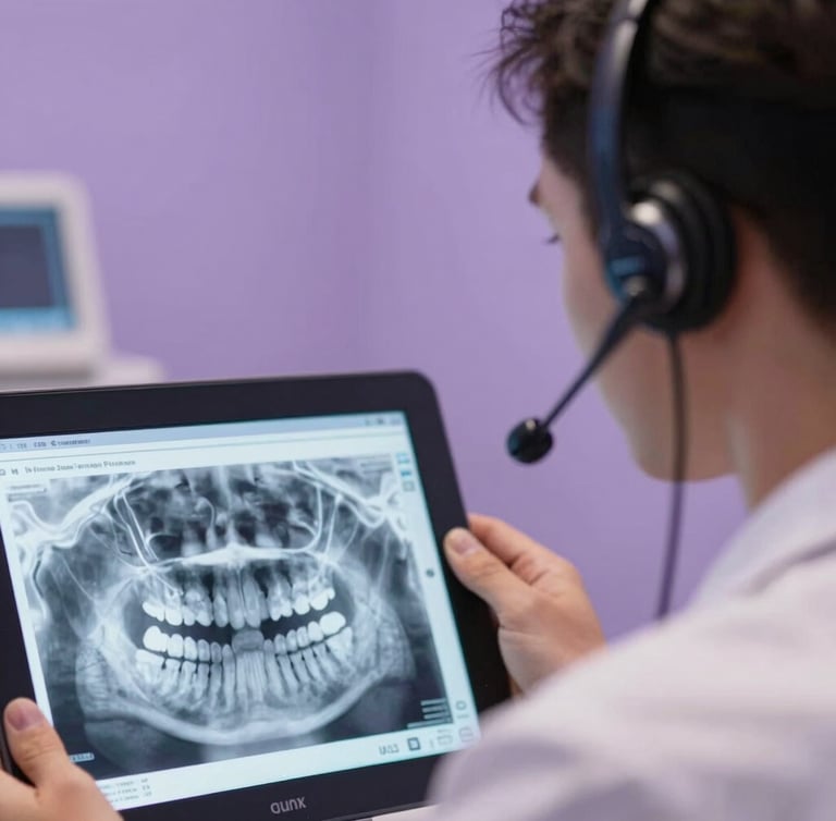 Close-up of a professional medical interpreter wearing a sleek modern headset, looking at a digital dental chart, soft plum ambient lighting, clean composition.