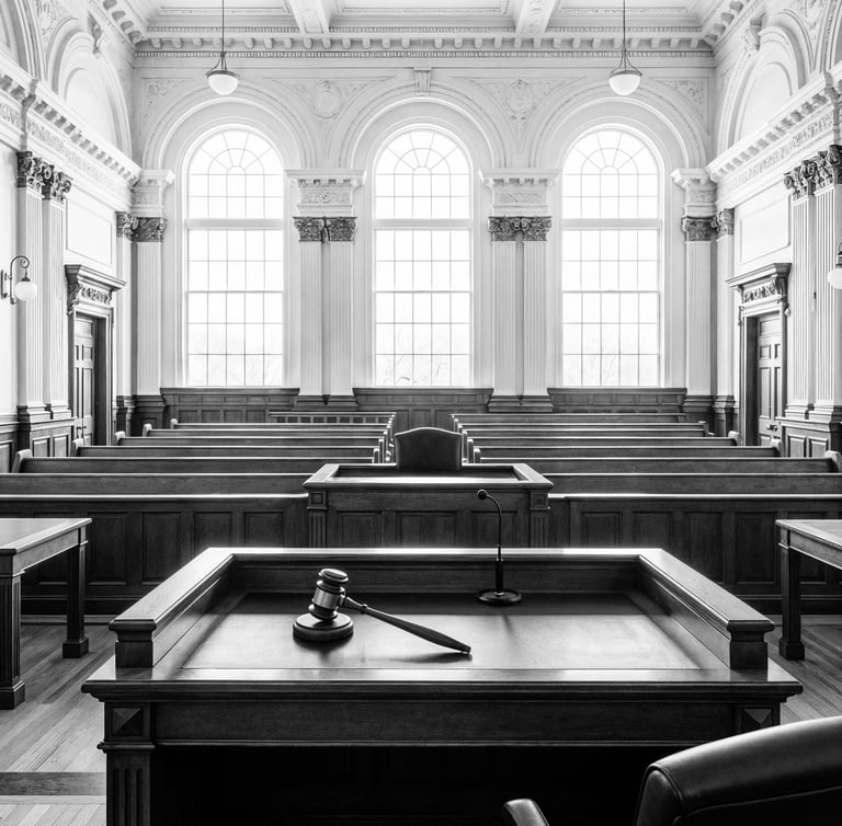 Sala judicial y tribunal representando procedimientos legales y defensa jurídica en Canarias