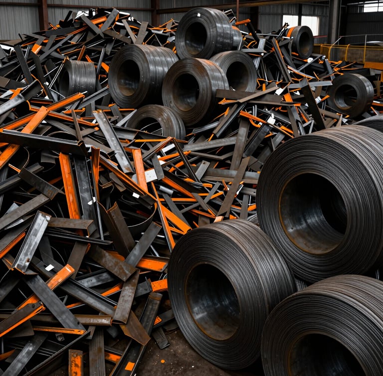 Wide shot of a massive pile of sorted industrial metal scrap in a factory yard, harsh industrial lighting, deep charcoal tones, 35mm gritty photography. To the right, a close-up of finished, tightly wound rolled steel coils, sharp details, high contrast.