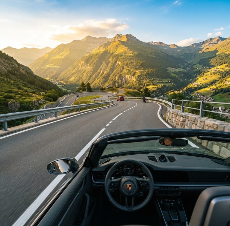 First-person perspective of a scenic winding road through high green mountains under bright golden-hour sunlight, wide-angle lens, 35mm look