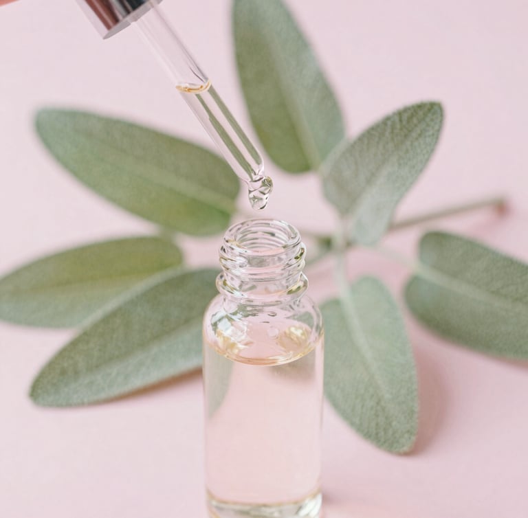 Close-up of a glass dropper bottle with essential oil, soft botanical sage leaves in the background, diffused natural morning light, pale pink tones, shallow depth of field